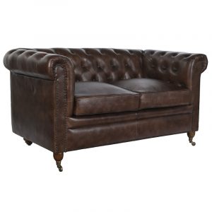 Sofá 2 Plazas Piel Madera, Marrón Oscuro estilo Vintage Chester Capitoné - Imagen 1