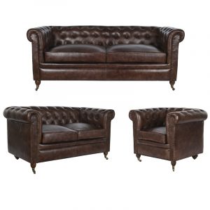 Conjunto Sofás 3 + 2 +1 Plazas Piel Madera, Marrón Oscuro estilo Vintage Chester Capitoné - Imagen 1