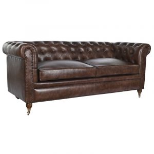 Sofá 3 Plazas Piel Madera, Marrón Oscuro estilo Vintage Chester Capitoné - Imagen 1