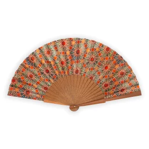 Abanico España, Seda 100% Madera Bocapi, Lacerías Alhambra Zellige Naranja - Imagen 1
