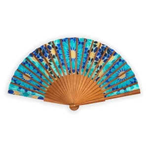 Abanico Azul y Dorado, Seda 100% Madera Bocapi Secret Flower - Imagen 2