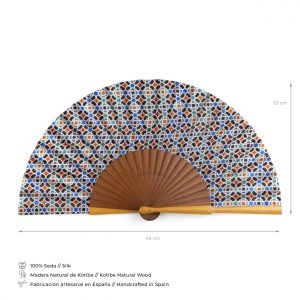 Abanico de Seda 100%, Multicolor, Geometria Islamica, Madera Bocapi - Imagen 4
