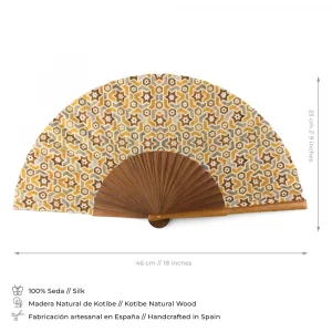 Abanico Amarillo y Marrón, de Seda, Madera Bocapi, Geometría islámica andaluza - Imagen 4