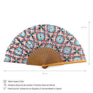 Abanico de Seda 100%, Azulejos Islamica Mamunia, Madera Bocapi - Imagen 4