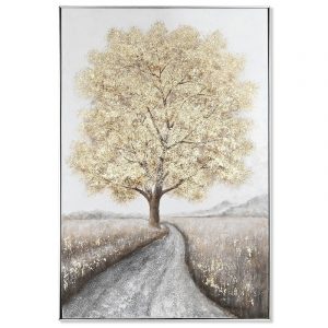 Cuadro Lienzo, Árbol Pintado a Mano, Gris Dorado, Ambiente Cottage 100 x 3,5 x 150 - Imagen 1
