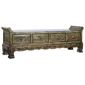 Descalzador, Pie de Cama, Banquete, Madera Olmo Tallado, 4 Cajones - Imagen 1