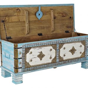 Arcón Baúl, Madera Mango Tallada, Metal Latón, Diseñó Envejecido - Imagen 4